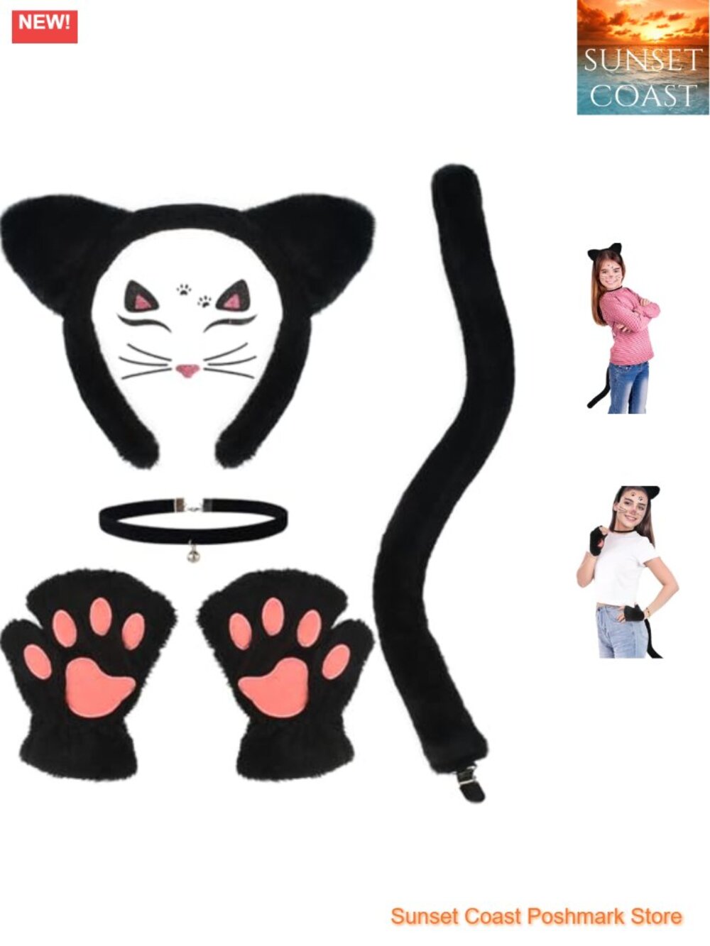 Cat Costume Set Plush Ears Tail Paw Gloves Collar Kids Halloween